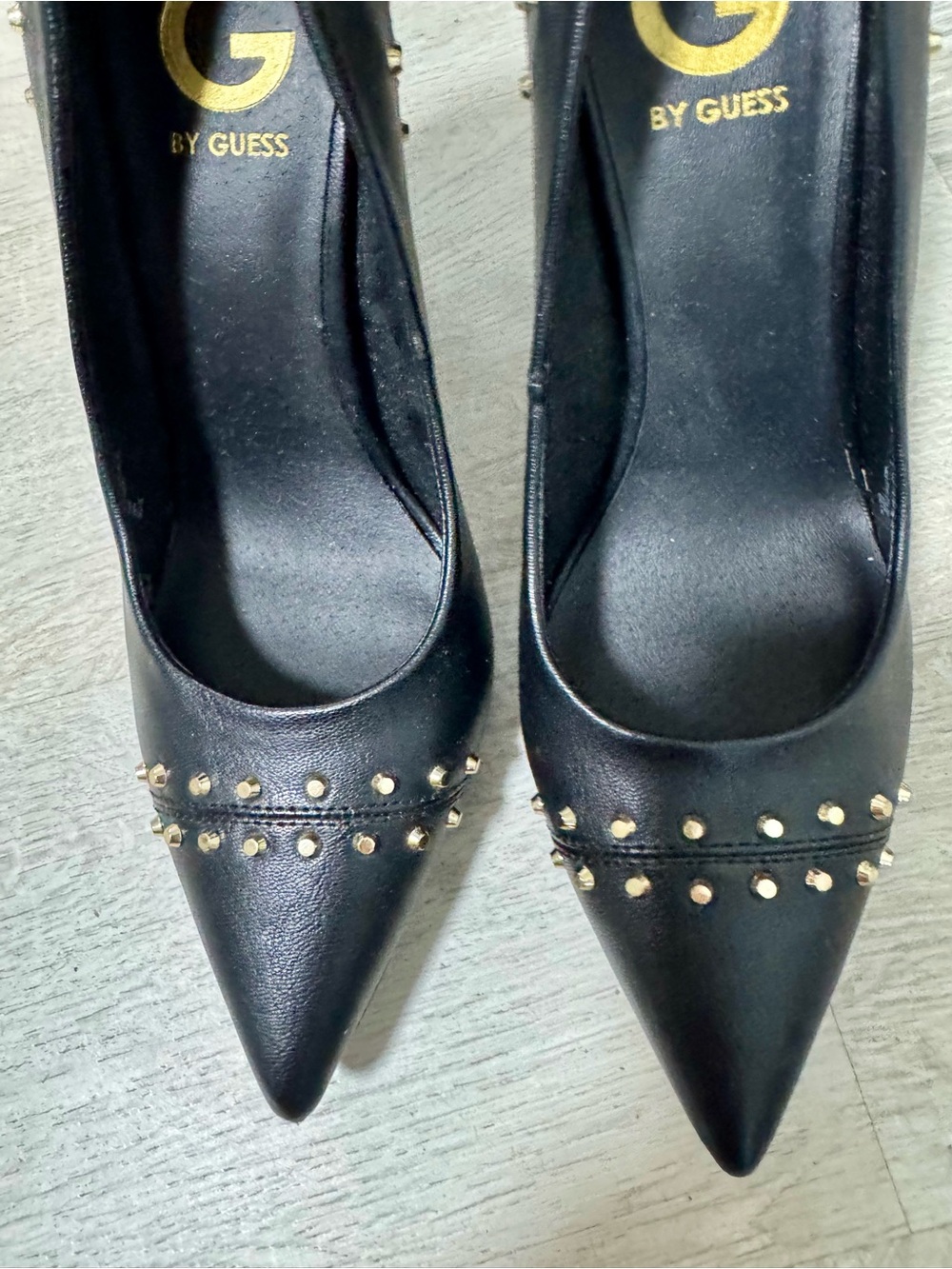 G by Guess Black Pointed-Toe Heels with Gold Studs
